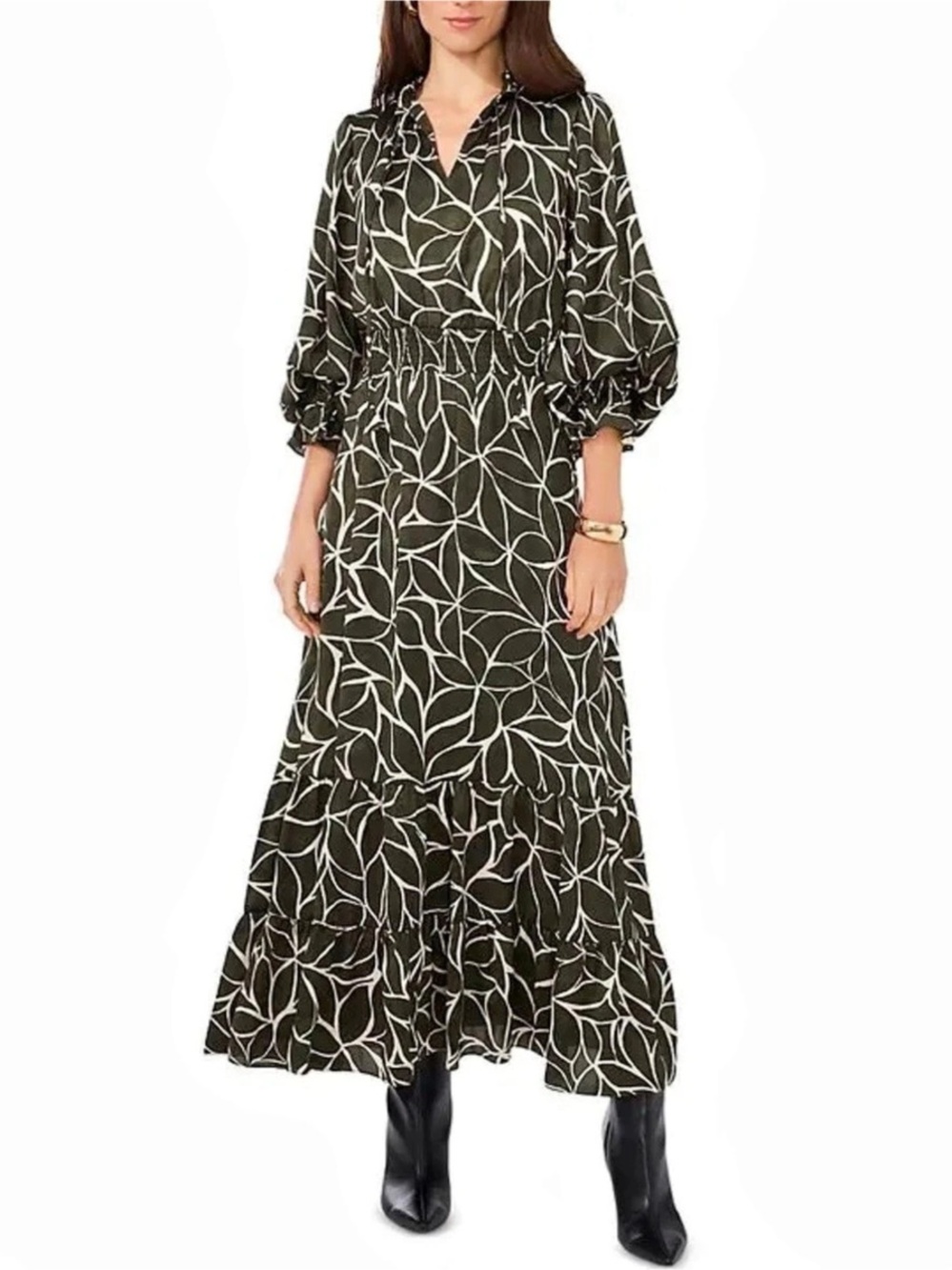 Vince Camuto Abstract Floral Long Sleeve Maxi Dress Green & White Large